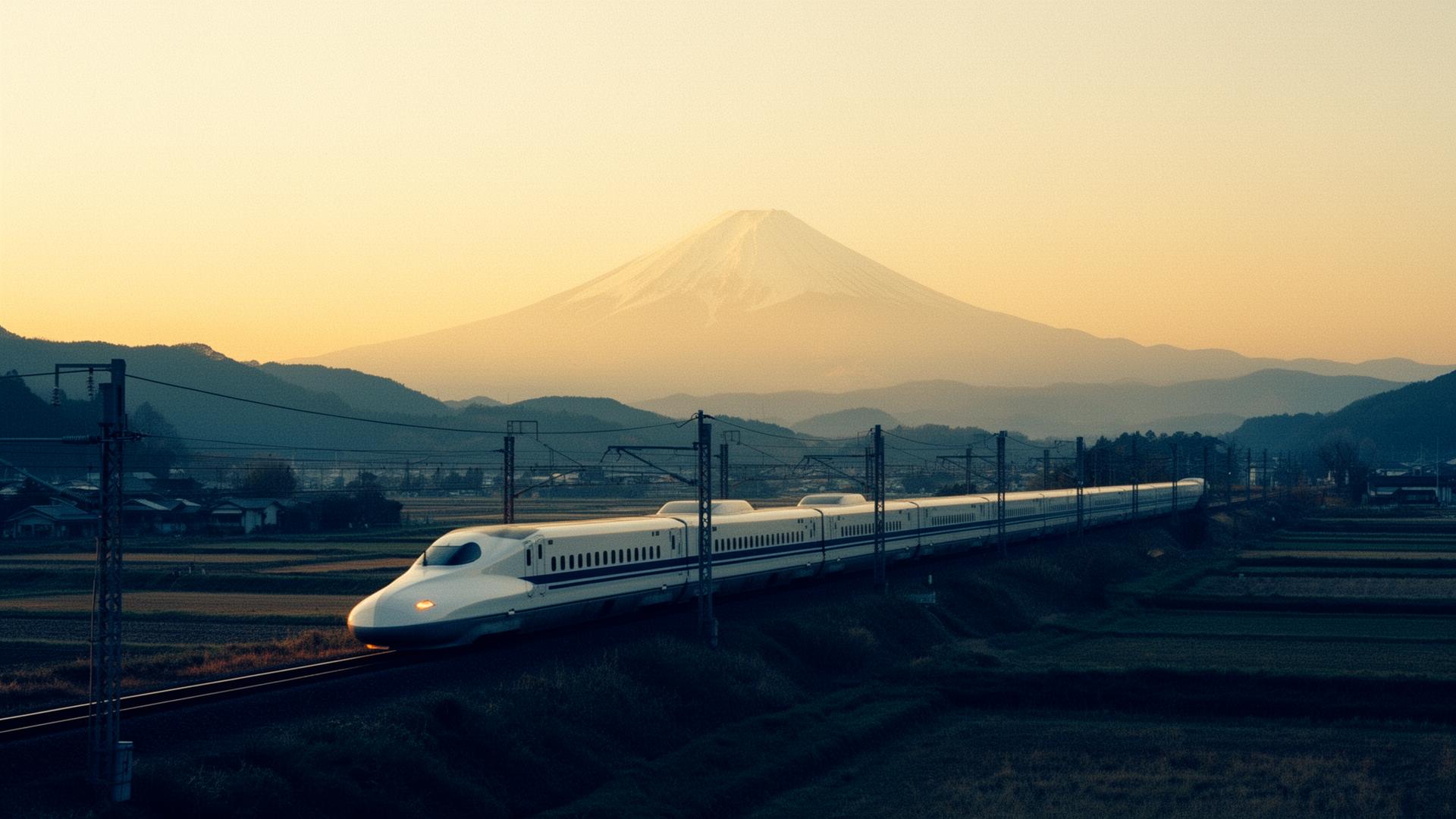 Shinkansen passing Mount Fuji at golden hour