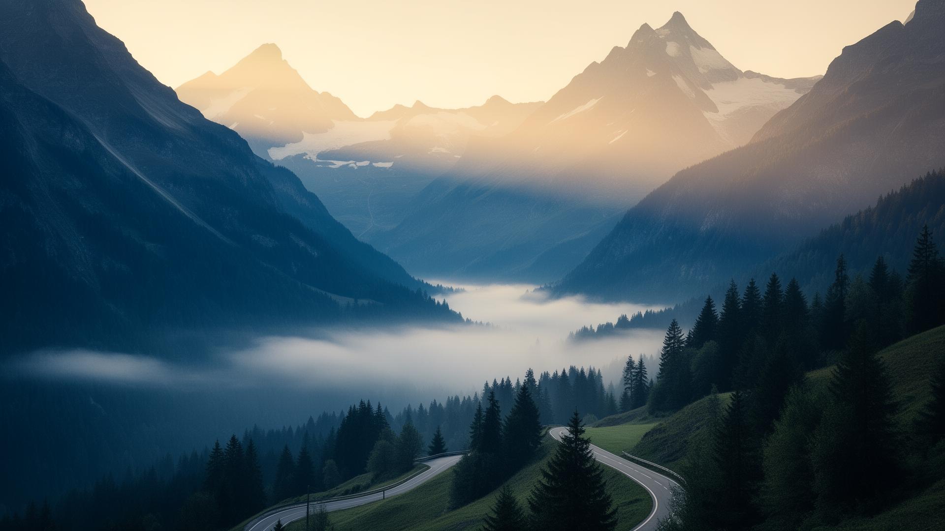 Misty Swiss alps at sunrise